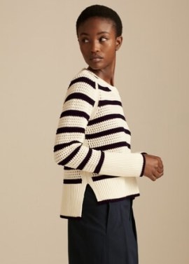 me and em Cotton Textured Breton Jumper | womens chunky striped dip hem jumpers | cream and navy sweaters - flipped