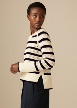 me and em Cotton Textured Breton Jumper | womens chunky striped dip hem jumpers | cream and navy sweaters