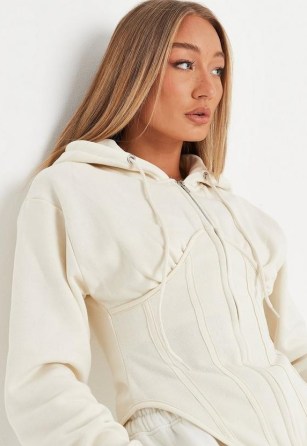 MISSGUIDED cream corset hoodie ~ fitted curved hem hoodies - flipped