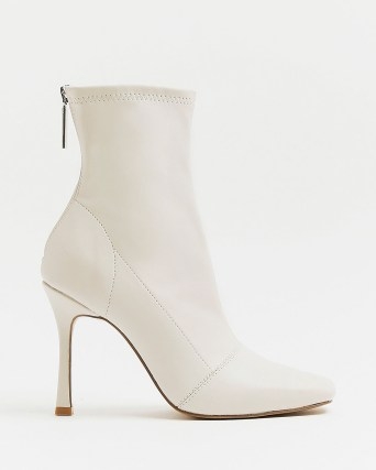 RIVER ISLAND CREAM FAUX LEATHER SOCK BOOTS ~ high heel square toe boots ~ zip back fastening - flipped