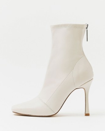 RIVER ISLAND CREAM FAUX LEATHER SOCK BOOTS ~ high heel square toe boots ~ zip back fastening