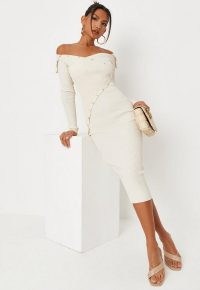MISSGUIDED cream rib knit button off the shoulder midaxi dress ~ glamorous wrap design bardot dresses ~ off the shoulder going out fashion