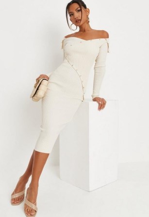MISSGUIDED cream rib knit button off the shoulder midaxi dress ~ glamorous wrap design bardot dresses ~ off the shoulder going out fashion - flipped