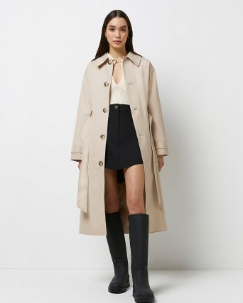 RIVER ISLAND CREAM TRENCH COAT ~ womens classic tie waist coats ~ women’s on-trend belted outerwear - flipped
