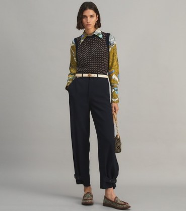 Tory Burch CREPE CARGO PANT in Tory Navy ~ womens casual dark blue chic style trousers ~ button tab cuff hem - flipped