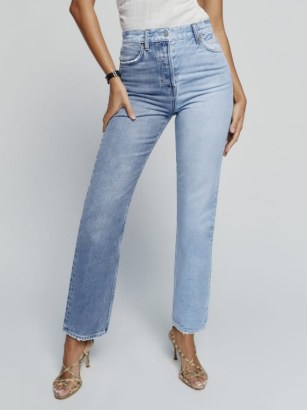 Reformation Cynthia Two Tone High Rise Straight Jeans in Fraser – tonal blue denim fashion - flipped