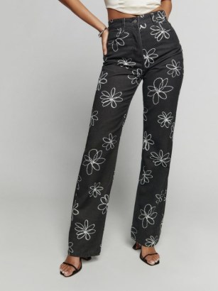 Reformation Daisy High Rise Straight Long Jeans in Blooms – floral denim fashion - flipped