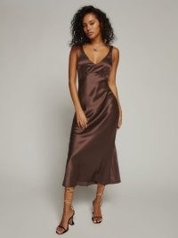Reformation Daytona Dress in Cafe – luxe dark brown silk vintage style slip dresses – evening fashion