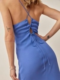 REFORMATION Dover Dress in Dusk ~ blue strappy back midi dresses ~ cut out detail fashion