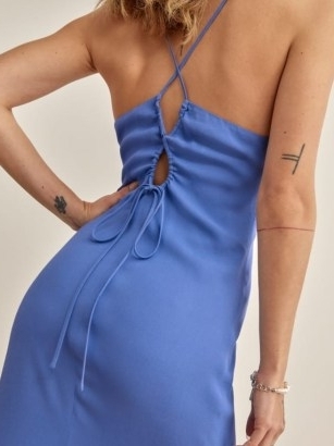 REFORMATION Dover Dress in Dusk ~ blue strappy back midi dresses ~ cut out detail fashion - flipped
