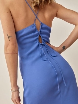 REFORMATION Dover Dress in Dusk ~ blue strappy back midi dresses ~ cut out detail fashion