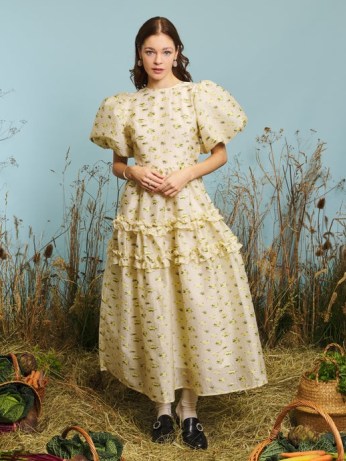 sister jane Meadow Jacquard Midi Dress Yellow Iris – romantic puff sleeve ruffle trim dresses – frill detail fashion with volume – romance inspired – DREAM THE SIMPLE LIFE collection