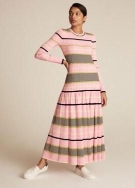 ME and EM Dropped Waist Rib Knit Dress Icy Pink/Limón/Black/Cream ~ pink striped long sleeved knitted dresses – long length - flipped