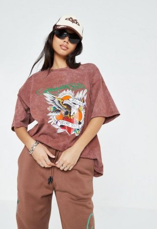 ed hardy x missguided brown oversized acid wash graphic t shirt ~ womens graphic print t-shirts - flipped