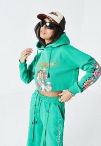 ed hardy x missguided green cropped hoodie ~ graphic print crop hem hoodies