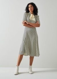 L.K. Bennett EDITH CREAM AND NAVY BASKET PRINT DRESS | chic vintage style short sleeved pussy bow dresses | women’s retro fashion