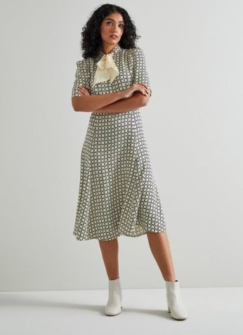 L.K. Bennett EDITH CREAM AND NAVY BASKET PRINT DRESS | chic vintage style short sleeved pussy bow dresses | women’s retro fashion - flipped