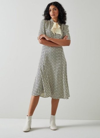 L.K. Bennett EDITH CREAM AND NAVY BASKET PRINT DRESS | chic vintage style short sleeved pussy bow dresses | women’s retro fashion