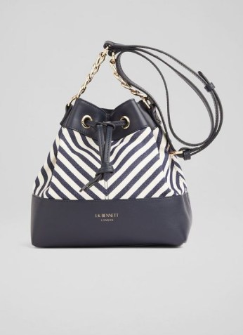 L.K. Bennett ELOISE NAVY CREAM FABRIC SHOULDER | dark blue striped drawstring bags | fresh look handbags for spring 2022