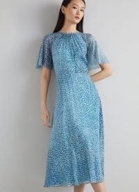 L.K. BENNETT ELOWEN BLUE ANIMAL PRINT MIDI DRESS / floaty angel sleeved dresses