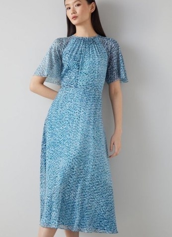 L.K. BENNETT ELOWEN BLUE ANIMAL PRINT MIDI DRESS / floaty angel sleeved dresses - flipped