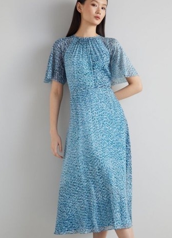 L.K. BENNETT ELOWEN BLUE ANIMAL PRINT MIDI DRESS / floaty angel sleeved dresses