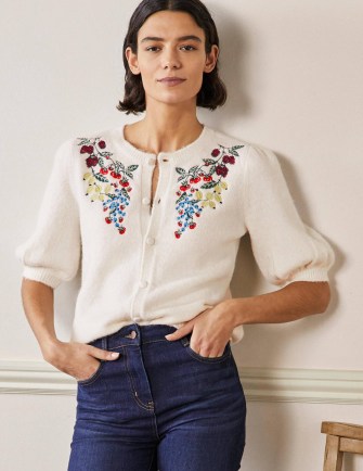 Boden Embroidered Fluffy Cardigan Ivory / short sleeved cardigans with fruit embroidery - flipped