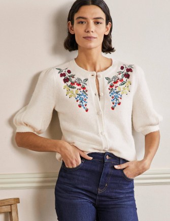Boden Embroidered Fluffy Cardigan Ivory / short sleeved cardigans with fruit embroidery