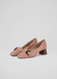 FELICIA PINK LEATHER HEELED LOAFERS ~ women’s vintage style block heel loafer shoes