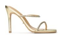 TONY BIANCO Fletcher Gold Nappa Metallic 10.5cm Heels ~ crystal embellished double strap square toe sandals ~ glamorous strappy high heel mules ~ luxe party shoes