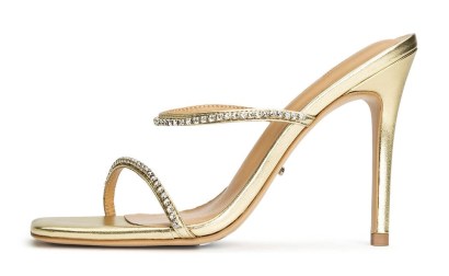TONY BIANCO Fletcher Gold Nappa Metallic 10.5cm Heels ~ crystal embellished double strap square toe sandals ~ glamorous strappy high heel mules ~ luxe party shoes - flipped