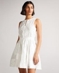 Ted Baker MAYLEE Flippy Mini Dress With Neck Tie – luxe style sleeveless fit and flare dresses – white floral party fashion