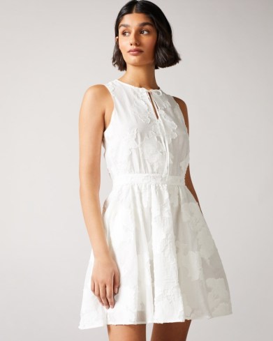 Ted Baker MAYLEE Flippy Mini Dress With Neck Tie – luxe style sleeveless fit and flare dresses – white floral party fashion - flipped