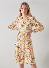 L.K. Bennett FLO MEADOW PRINT CONTRAST COLLAR SILK DRESS | floral long sleeved vintage style dresses | retro fashion