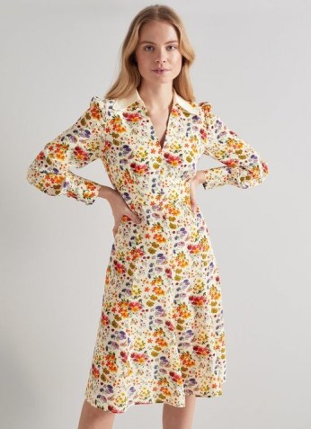 L.K. Bennett FLO MEADOW PRINT CONTRAST COLLAR SILK DRESS | floral long sleeved vintage style dresses | retro fashion - flipped