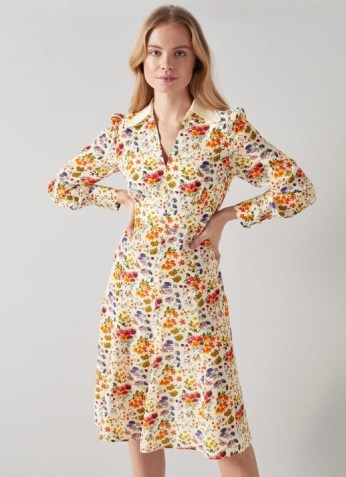 L.K. Bennett FLO MEADOW PRINT CONTRAST COLLAR SILK DRESS | floral long sleeved vintage style dresses | retro fashion