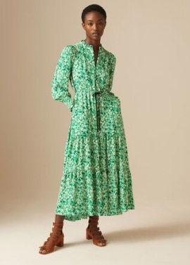 ME and EM Flower Silhouette Drawstring Maxi Dress in Parakeet/Cream/Black ~ green floral tiered hem dresses