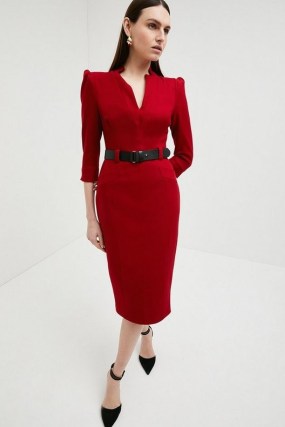 KAREN MILLEN Forever Dress in Red / LRD / puff shoulder pencil dresses - flipped