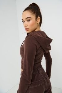 GARAGE Bodycon Zippie ~ brown cropped hoodies ~ fitted crop hem zip front hooded jackets