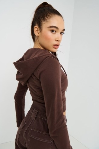 GARAGE Bodycon Zippie ~ brown cropped hoodies ~ fitted crop hem zip front hooded jackets - flipped