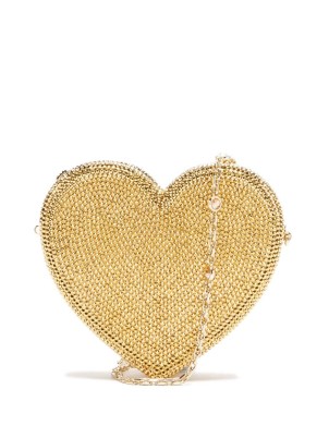 JUDITH LEIBER Heart crystal-embellished clutch bag in gold – luxe occasion bags – hearts – evening glamour – luxury party accessory - flipped