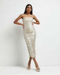 RIVER ISLAND GOLD RUCHED BANDEAU BODYCON DRESS ~ high octane evening glamour ~ glamorous strapless party dresses ~ metallic occasion fashion
