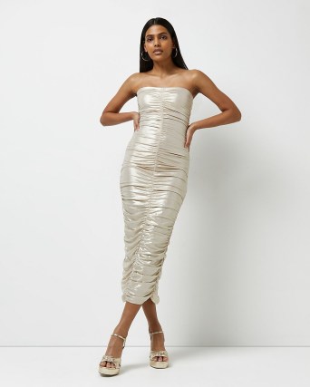 RIVER ISLAND GOLD RUCHED BANDEAU BODYCON DRESS ~ high octane evening glamour ~ glamorous strapless party dresses ~ metallic occasion fashion - flipped