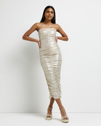 RIVER ISLAND GOLD RUCHED BANDEAU BODYCON DRESS ~ high octane evening glamour ~ glamorous strapless party dresses ~ metallic occasion fashion