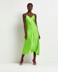 RIVER ISLAND GREEN ASYMMETRIC SLIP MIDI DRESS ~ bright split hem cami dresses