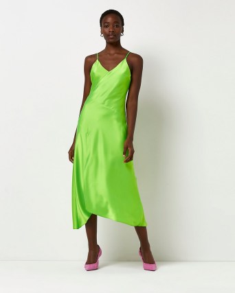 RIVER ISLAND GREEN ASYMMETRIC SLIP MIDI DRESS ~ bright split hem cami dresses - flipped