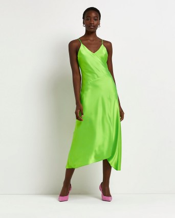 RIVER ISLAND GREEN ASYMMETRIC SLIP MIDI DRESS ~ bright split hem cami dresses