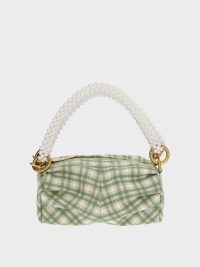 CHARLES & KEITH Beaded Handle Ruched Shoulder Bag / green checked top handle bags