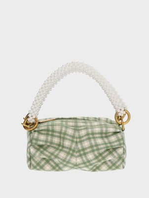 CHARLES & KEITH Beaded Handle Ruched Shoulder Bag / green checked top handle bags