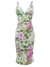 DOLCE & GABBANA Bluebell-print ruched silk-blend charmeuse dress ~ green sleeveless plunge front form fitting dresses ~ beautiful Italian fashion ~ vintage style glamour